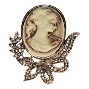 Vintage Cameo Rhinestone Gold Cream Brooch Pin Victorian Lady Profile Portrait